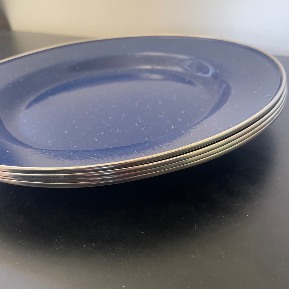 Set of 4 Blue Speckled Enamelware Metal Camping Dinner Plates 10" - Picture 4 of 5